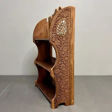 VTG MCM Wooden Hand Carved Three Shelf Curio Cabinet Collapsible Boho Wall Decor