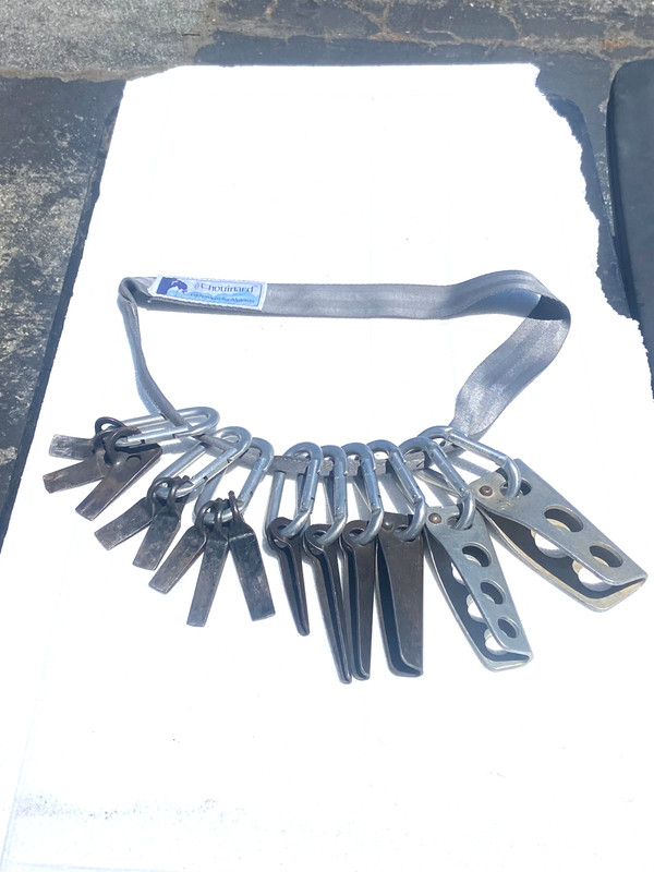 All Chouinard  Vintage Rock climbing piton rack, Sling,  14 Pitons, 9 carabiners