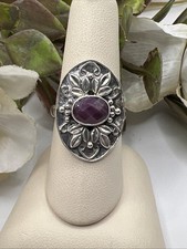 Sterling Silver Ruby Engraved Floral Ring Size 8