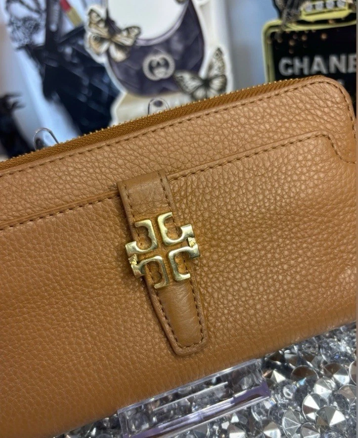Cartera grande Tory Burch Continental de cuero granulado dorado tostado con cremallera alrededor NUEVA Foto 3 de 4