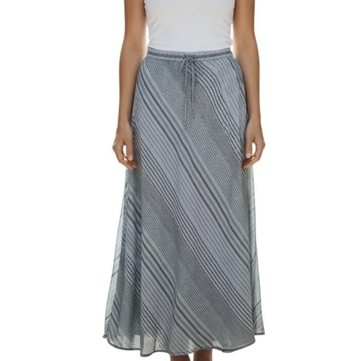 FLAX Skirt Women's Medium Blue Green Striped Linen Maxi Drawstring Flowy Boho