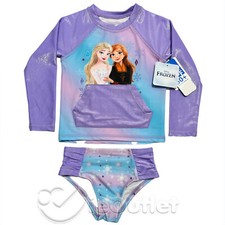 Disney Frozen II Bathing Swim Suit Long Sleeve Rash Guard Shirt Bikini 2 Piece