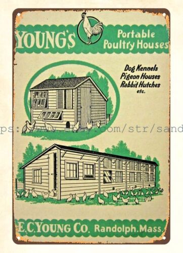 1928 Chicken Coop Rabbit Hutches Young's Poultry Houses metal tin sign cabin - Afbeelding 1 van 4