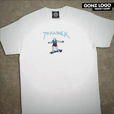 Thrasher Magazine Mark Gonzales GONZ LOGO Skateboard T Shirt WHITE w/RED/BLUE