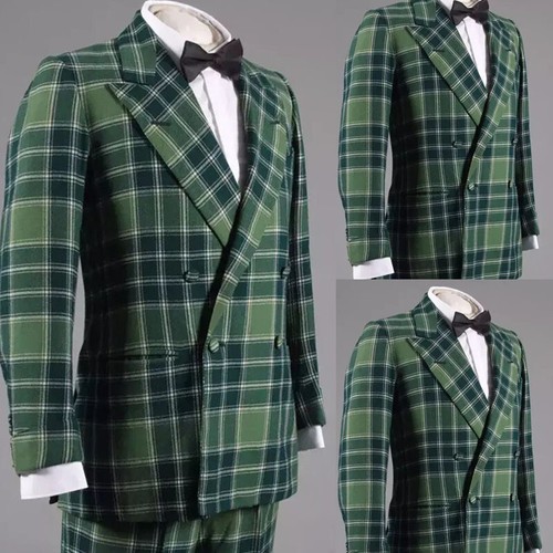 Green Scotland Plaid Men Suits Double 