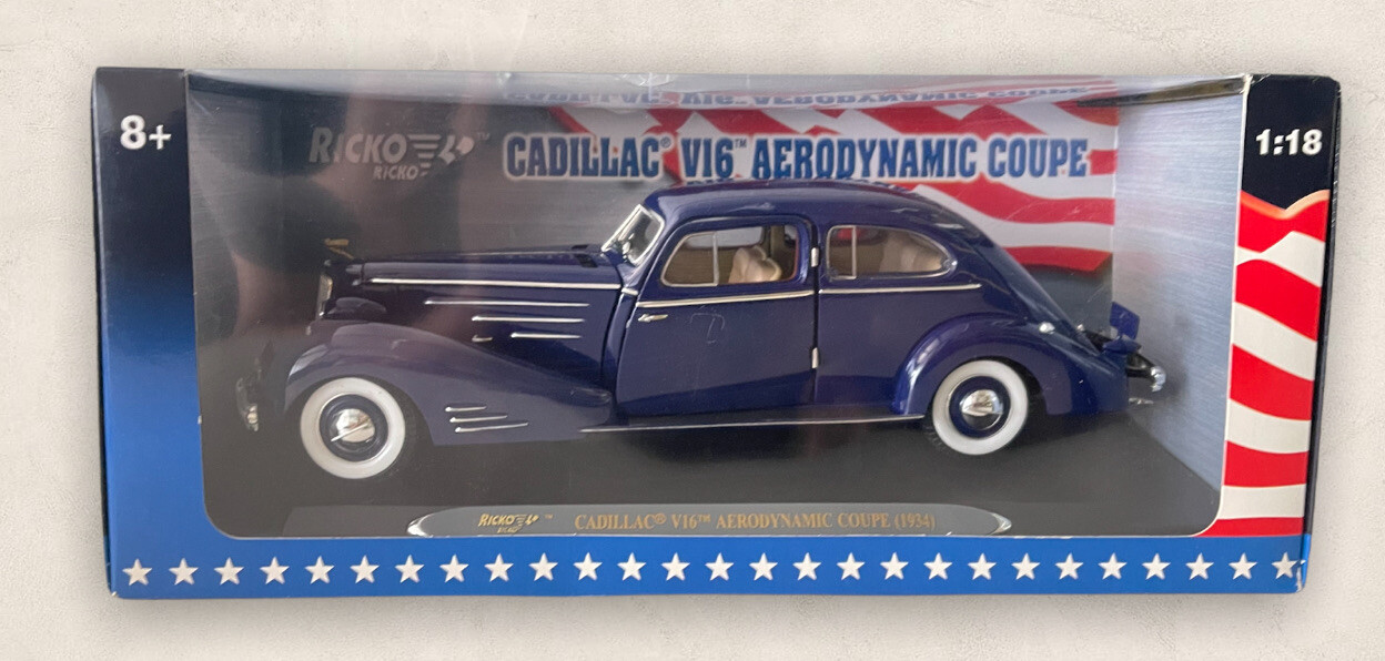 Ricko Brand 1:18 SCALE 1934 CADILLAC V16 AERODYNAMIC COUPE BLUE *RARE*