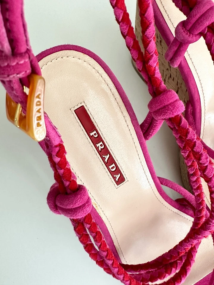 PRADA Strappy Suede Slingback Cork Wedge Sandals in Fuchsia Red Size 38.5 - Image 4 of 4