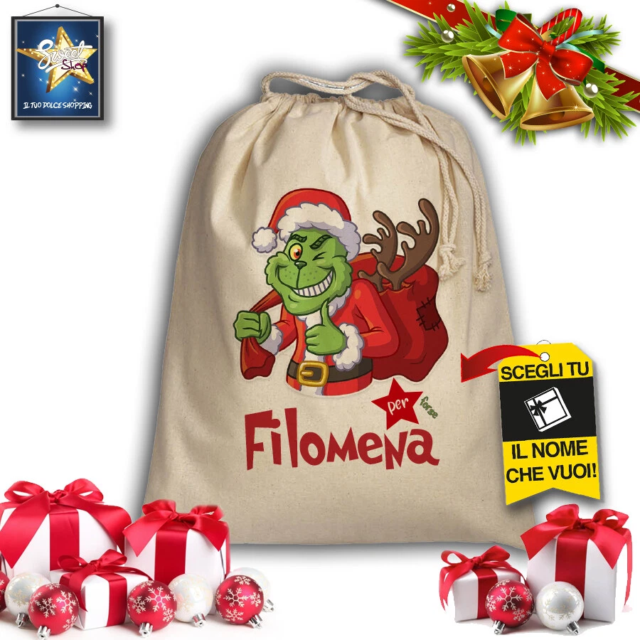 SACCO DI NATALE COTONE PERSONALIZZATO BABBO NATALE IDEA REGALO GRINCH
