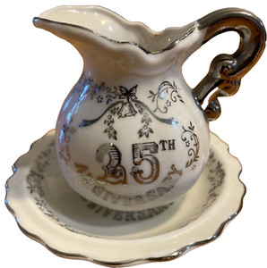 25th Wedding Anniversary Pitcher Bowl Japan 4" Porcelain White Silver Gift
