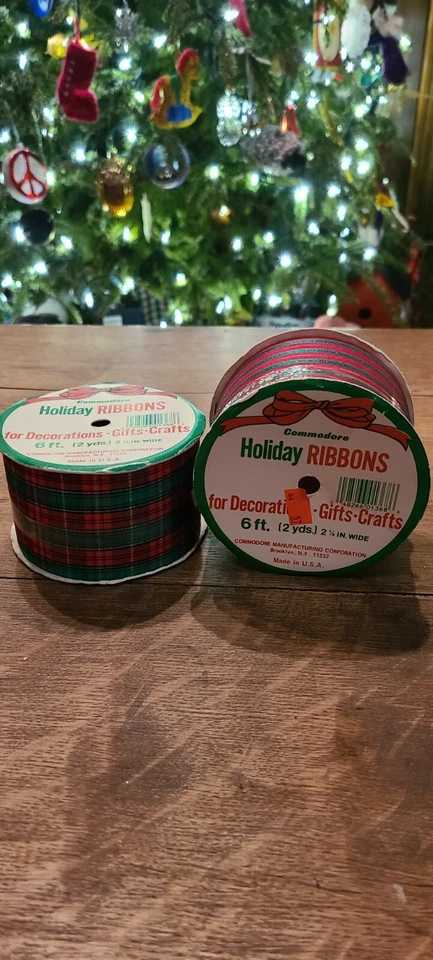2 Spools Vintage Christmas Ribbon Plaid and Stripe Commodore Holiday NOS - Image 2 of 4