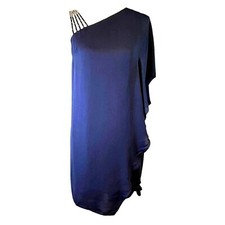 Halston Heritage NWT Navy Chiffon Sheath Dress Beaded Strap Sz 2 Mother of Bride