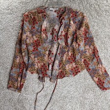 Intermix Floral Top Women’s Size 4 100% Silk Open Front Long Sleeve