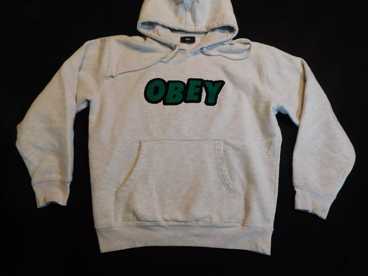 OBEY HOODIE SKATER SWEATSHIRT RAISED EMBROIDERED LOGO HEATHER GRAY