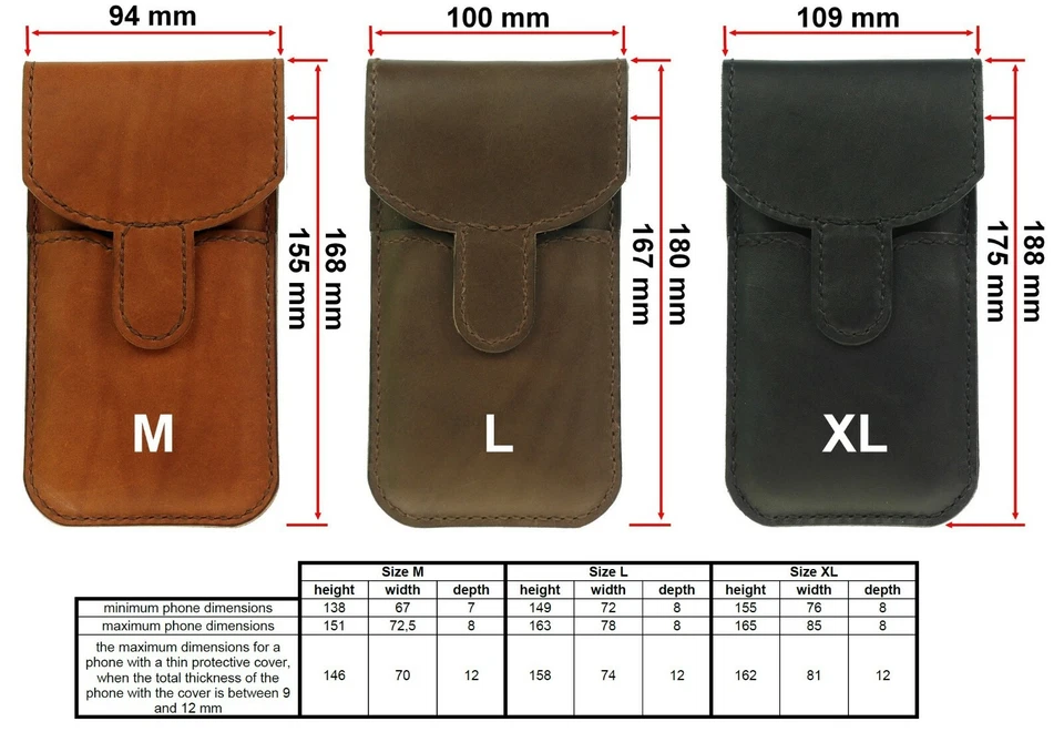 VERTICAL GENUINE LEATHER WAIST POUCH HAND SEWN OF COWHIDE CASE COVER FOR PHONES - Image 2 of 4