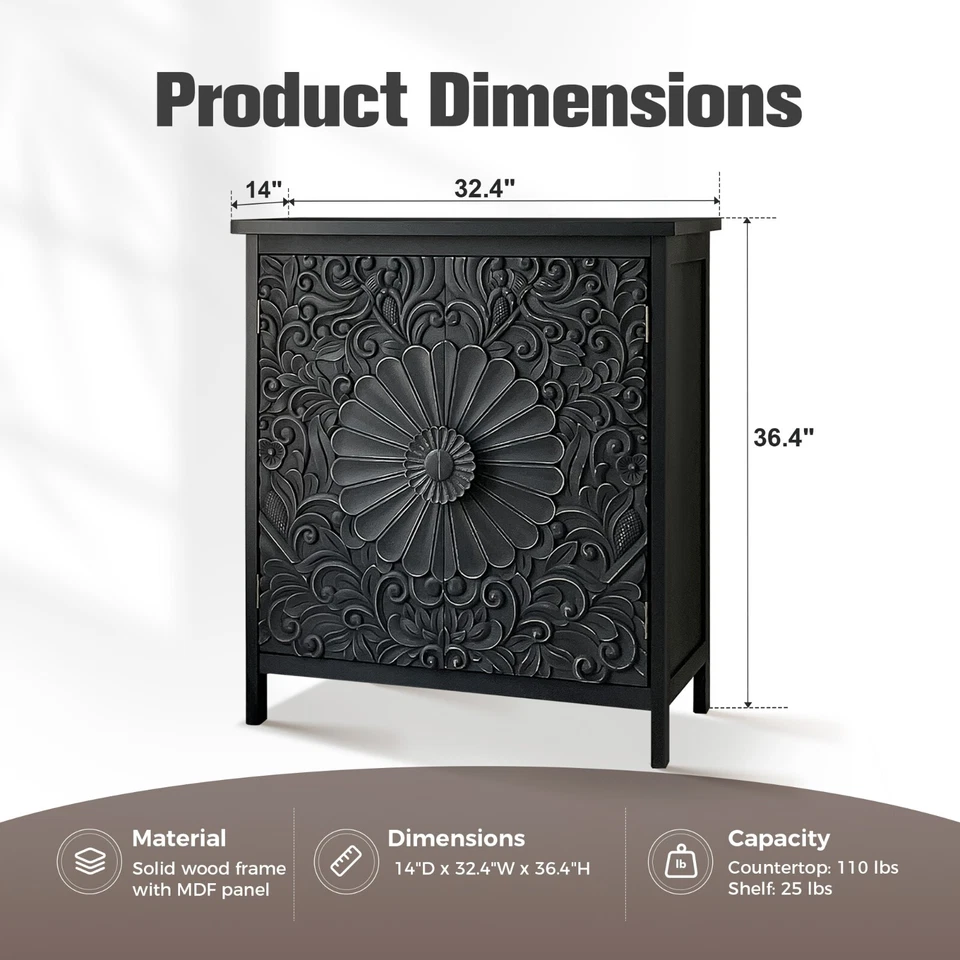 Aparador Buffet Vintage Almacenamiento 2 Puertas Negro Flor Talla Almacenamiento Envejecido Foto 2 de 4