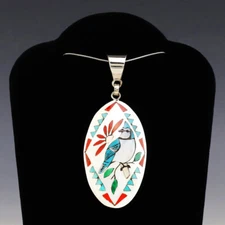 NATIVE AMERICAN ZUNI STERLING SILVER & INLAY BLUE JAY PENDANT BY QUINTIN QUAM