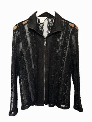 Exclusively Misook Sheer Lace Rhinestone Zip Jacket M Black Y2K Whimsigoth Glam