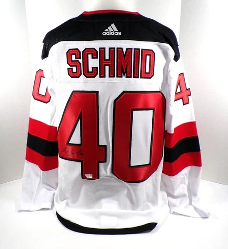 Akira Schmid Signed Adidas New Jersey Devils White Hockey Jersey Fanatics Auto