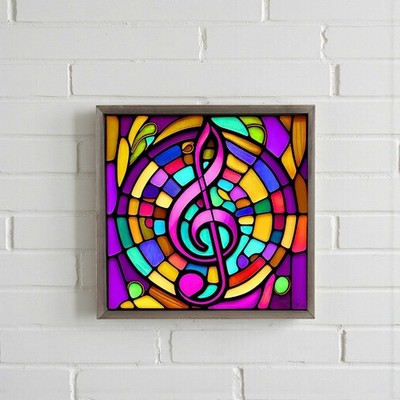 Music Note Metal Wood Framed Block Sign for Wall or Shelf 7.8 Inch Square
