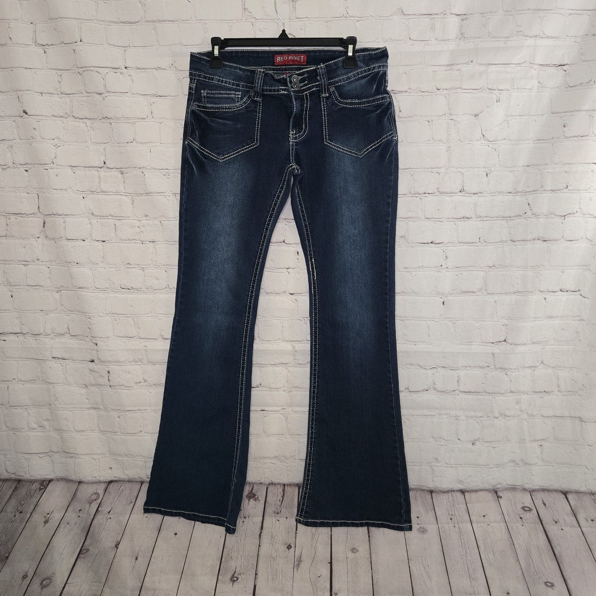 Red Rivet Jeans Low Rise 11 Thick Stich Bootcut Y2K Whiskers