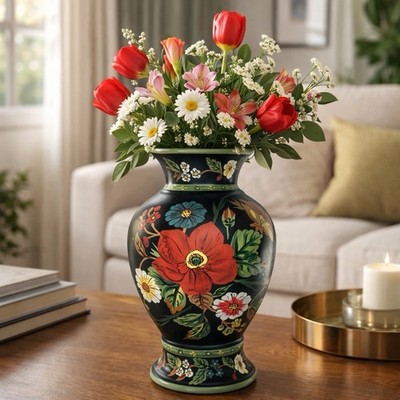 VERA BRADLEY My Home 10  Vase Hand Painted VTG Black Floral Vase Andrea by Sadek