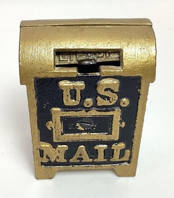 Vintage Cast Iron Gold & Black U.S. Mailbox Coin Bank Approx. 3.75'' x 2.75''