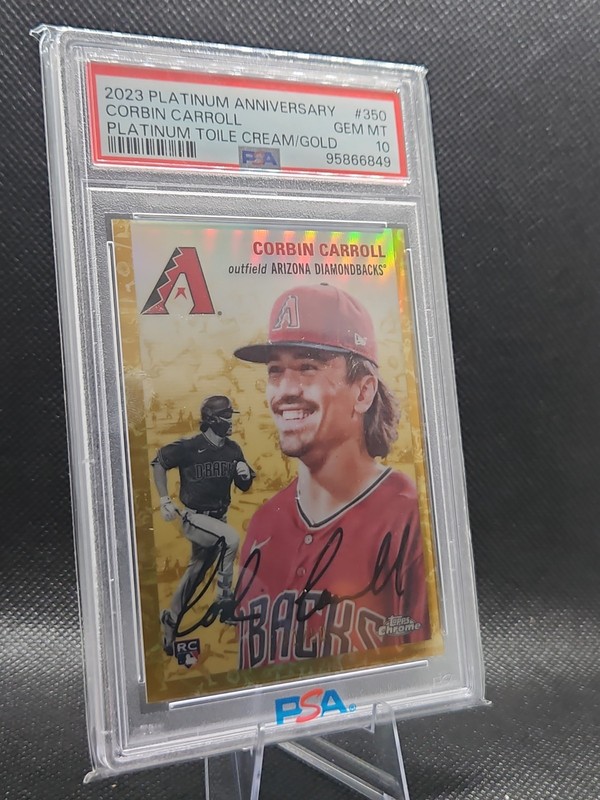 2023 TOPPS CHROME PLTM ANNIV #350 CORBIN CARROLL PLT TOILE CREAM-GOLD 1/50 PSA10
