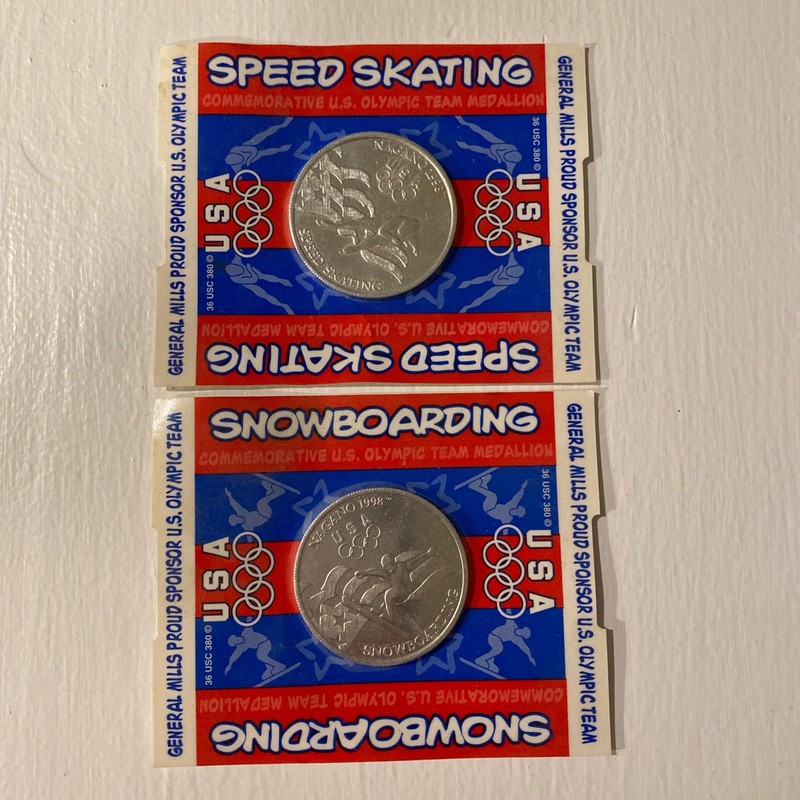 2 General Mills Olympics 1998 NAGANO Speed Skating Snowboarding CollectibleCoins
