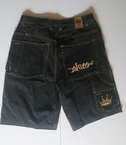 VTG Y2K JNCO Jeans Shorts Mens 34 Baggy Skater Wide Leg Faded Black Embroidered 