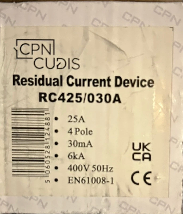 CPN CUDIS RC425/030A 25A RCB Four Pole Type A 30MA RCD 400V 50Hz New 25 amp - Image 3 of 3
