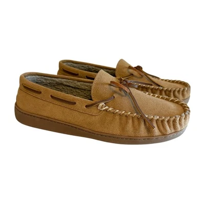 Minnetonka Moccasin Slippers Men 11 Tan Suede Faux Fur Lined Cozy Indoor Outdoor - Image 1 of 4