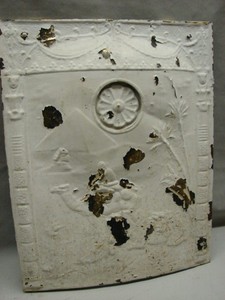 Antique Late 1800 S Tin Ornate Summer Fireplace Cover Man Riding A
