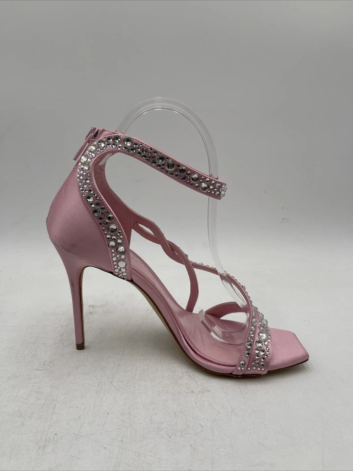 Sandálias femininas Alexander Mcqueen cetim enfeitado com cristal salto alto rosa tamanho 38 - Imagem 2 de 4