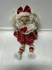 VTG Handcrafted Wooden Rag Doll With Red Floral Dress & Yarn Hair Button Legs 7"