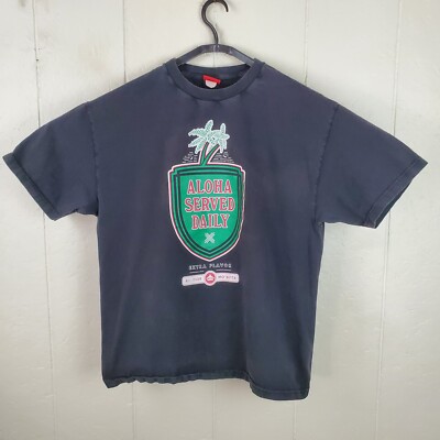 Vintage Aloha Serve Daily Shirt Mens Medium Black Crew Neck Short Sleeve Graphic