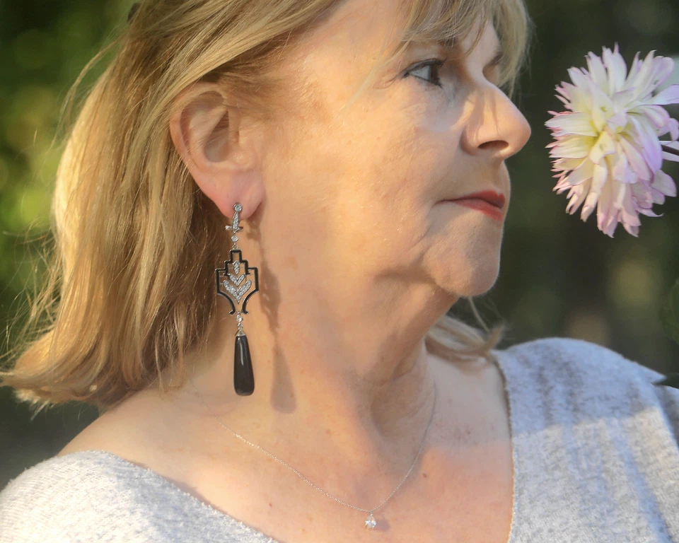 Art Déco Ohrringe Clip-On Silber Email Eingefasst CZ Achat Schwarz QD33 - Bild 4 von 4