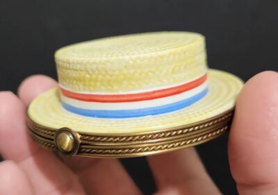 Limoges Peint Main Charmart Straw Boaters Hat Hinged Trinket Box