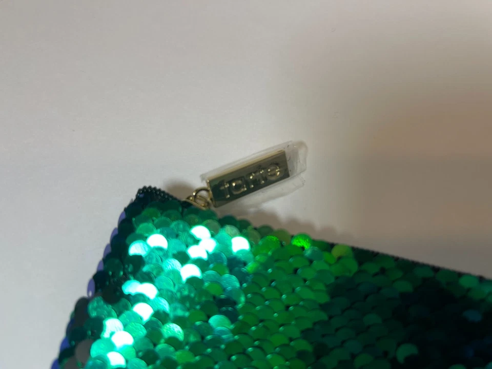 Bolso sin asas de maquillaje Tarte verde/azul marino/negro brillante sirena cremallera lentejuelas nuevo Foto 3 de 4