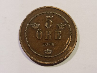 1878 Sweden 5 Öre Coin- Oscar II, Small Letters - KM# 736