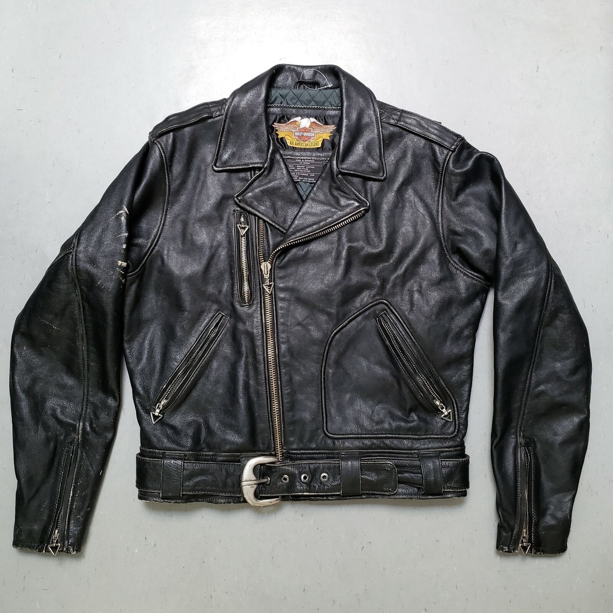 Vtg Harley Davidson Black Leather Motorcycle Jacket D Pocket Sz L