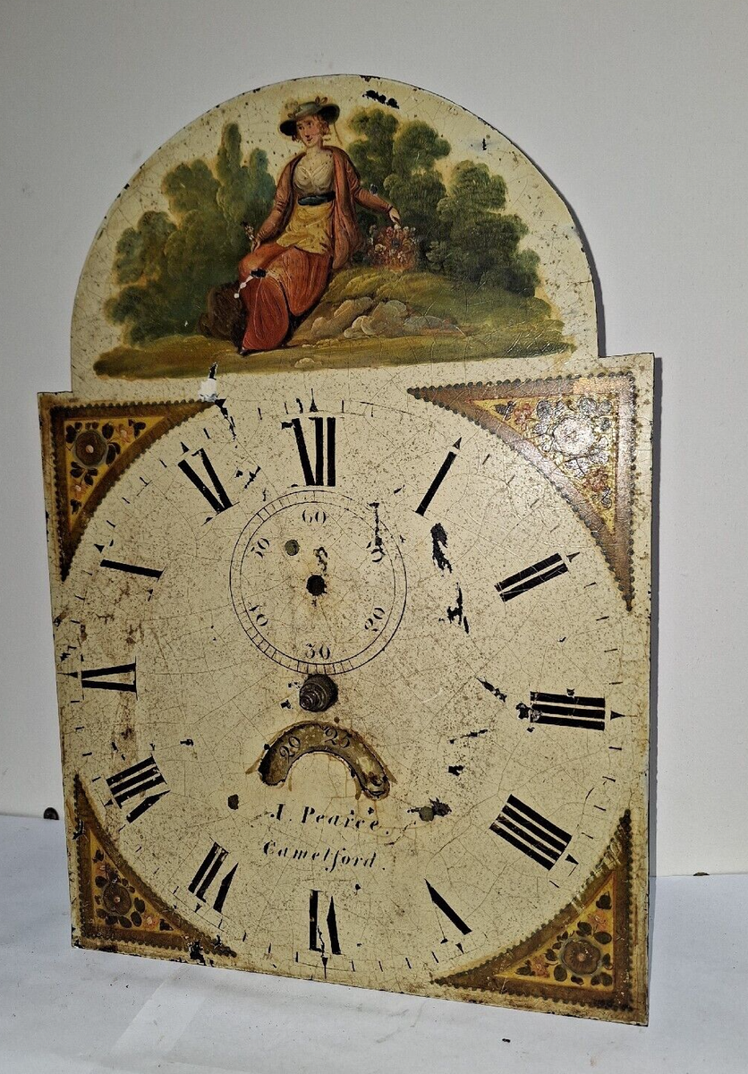 ANTIQUE ENGLISH GRANDFATHER CLOCK DIAL, HAND PAINTED, J. PEARCE