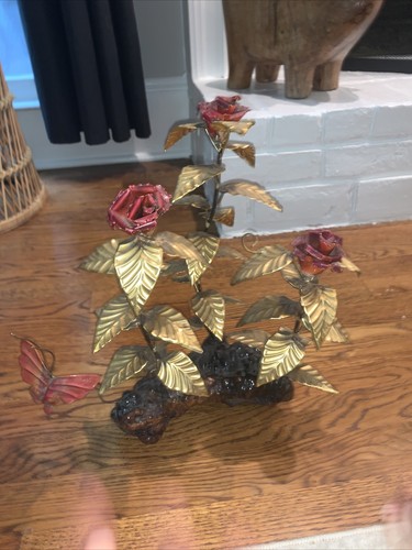 Vintage Home Interior Copper Brass Metal Roses Butterfly Statue MCM