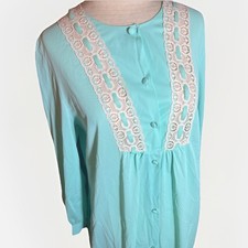 VTG GOSSARD ARTEMIS Satin NYLON/LACE Button-Up Robe Blueish Green Peignoir SZ M