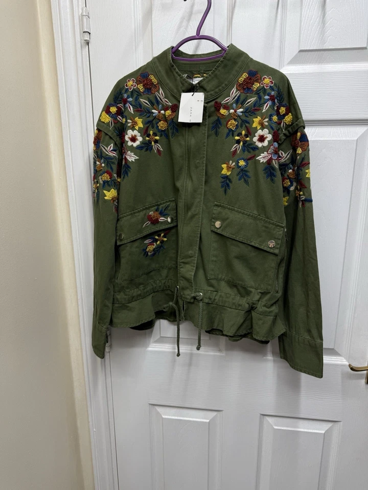 Zara Floral Embroidered Military Denim Jacket Size M - Image 2 of 4