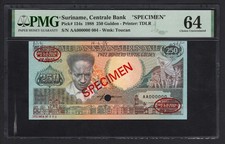 Suriname 250 Gulden 9-1-1988 P134s  Specimen N.004  UNC Grade 64 Top Pop
