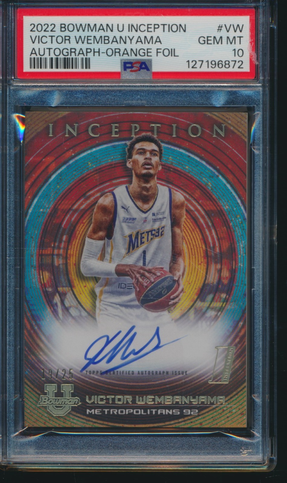 PSA 10 VICTOR WEMBANYAMA AUTO 2022 Bowman Inception ORANGE FOIL/25 RC GEM MINT