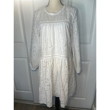 LOFT White Eyelet Cotton Boho Dress Size M Long Sleeve Lined Tiered Fit & Flare