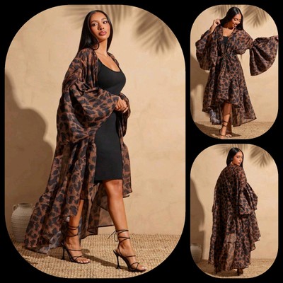 Chic Leopard Organza Ruffle Hem Florence Sleeves Open Front Cover Up. OS