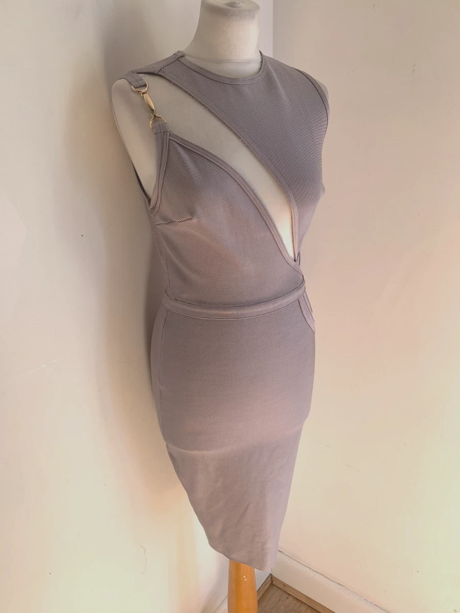 house of cb grey bandage dress House OF CB Womens Light Grey Kiki Panelled Bodycon Mesh Midi Dress L