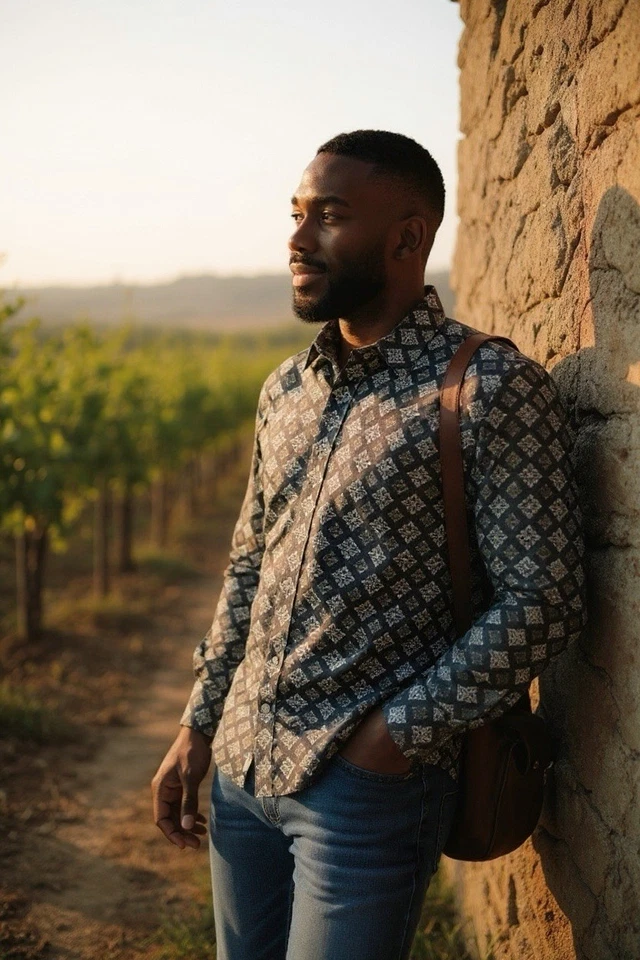 Camisa de vestir para hombre Natural Issue mediana con botones patrón negro y marrón Foto 2 de 4